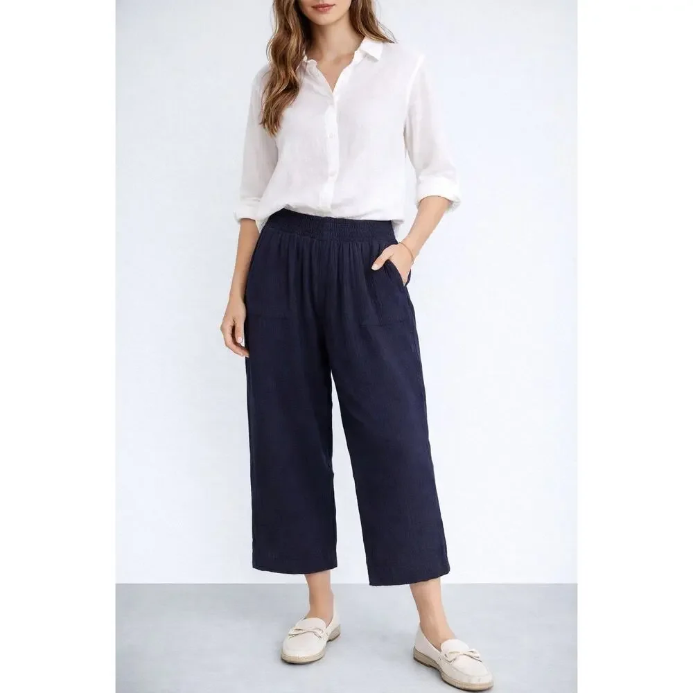 Magaschoni Organic Slub Cotton Navy Wide Leg Cropped Pants L Casual Resort Beach